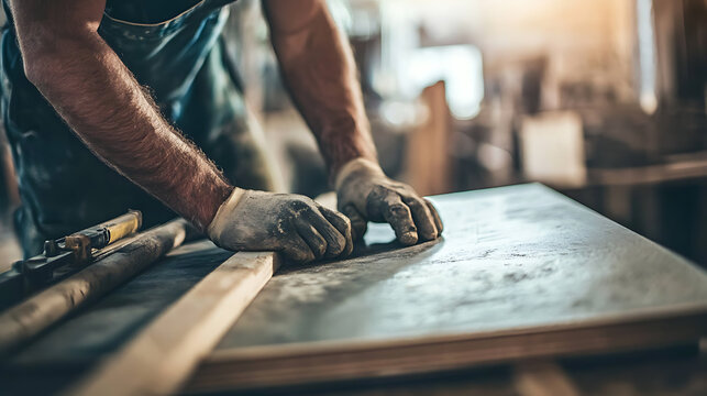 Craftsman Working with Wood in a Workshop