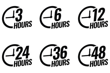 Work Time Icons 3, 6, 12, 24, 36, 48 Hours Clock with Arrow. Delivery and Service Time Sign. Vector Illustration