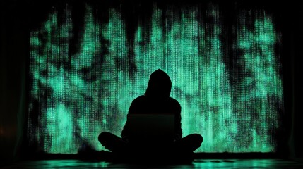 Silhouette of a hooded figure seated before a backdrop of glowing green binary code