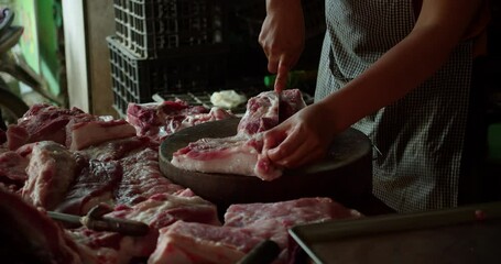 Customer buying meat at market, pork cuts and sausages, healthy food, organic meat, high quality, fresh food, buyer, market, tasty meat display, grocery shopping, organic food, butcher shop