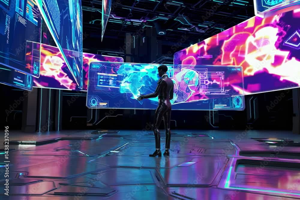 Poster a person is positioned within a futuristic setting surrounded by digital screens and analytical tool