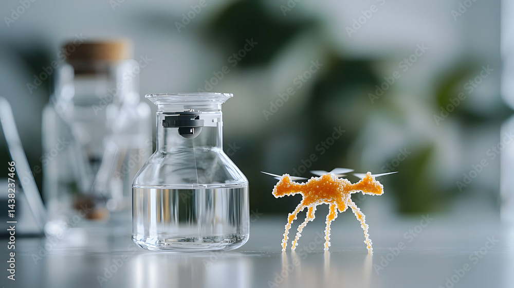 Poster a science lab scene with a unique insect-like drone. suggesting exploration and research in micro-ro