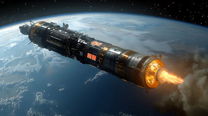 Obraz premium Futuristic spaceship with engine burning in space above Earth