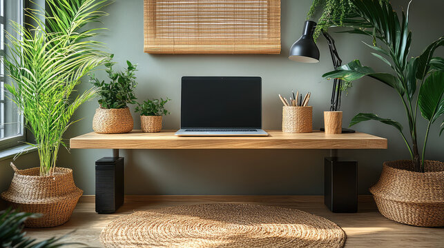 A minimalist workspace with natural elements, promoting mindfulness and focus