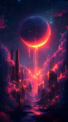 A crimson planet looms over a city bathed in pink clouds reflecting on the dark water below