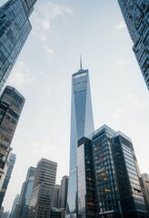 Naklejka premium A modern city skyline with sleek skyscrapers and glass facades reflecting the clear sky Generative AI