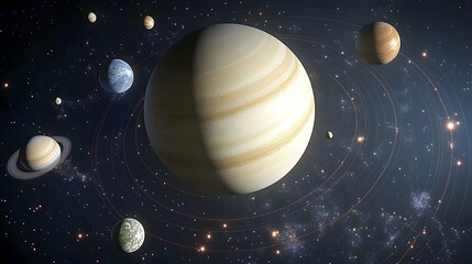 A cosmic vista shows planets stars and rings swirling in the infinite expanse of outer space