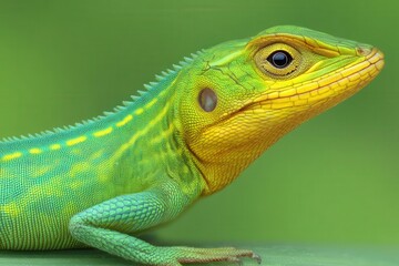 Obraz premium Colorful lizard in yellow green pattern looking sideways on green leafy background in bright daylight natural light wildlife photo closeup with blurred depth field