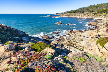 Coastal cliffs along California's Highway 1 in Northern California. Rugged ocean rocks, crashing...