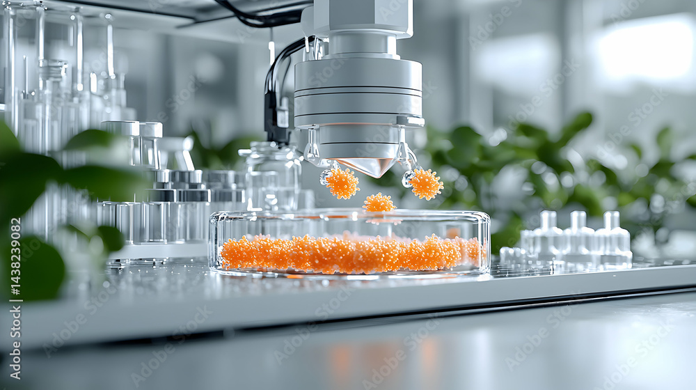 Poster robotic arm in a lab setting. it is dispensing orange spherical objects into a petri dish. likely fo