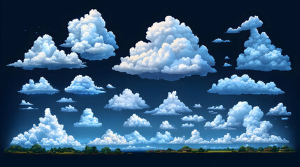 Pixel Art Cumulus Cloudscape: White and Blue Clouds over Green Landscape