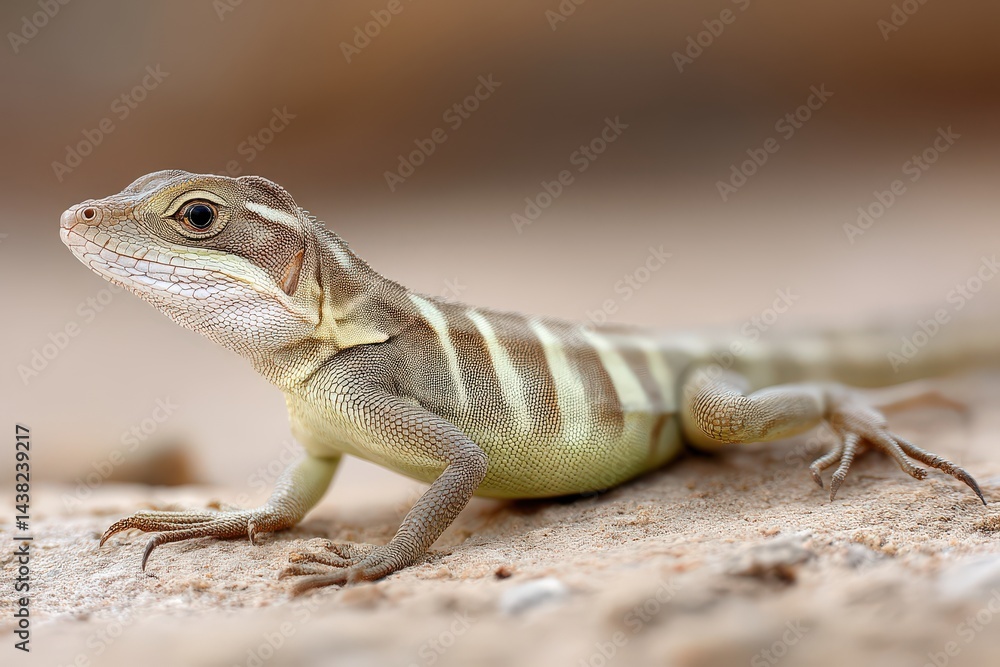 Aufkleber small beige lizard standing on light sand surface with sharp linear body patterns and desert-toned e