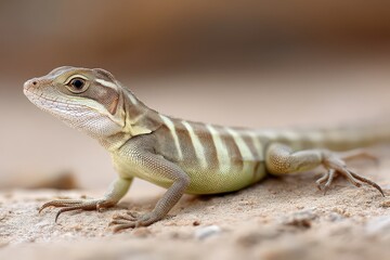 Obraz premium Small beige lizard standing on light sand surface with sharp linear body patterns and desert-toned environment captured in focused reptile wildlife photography