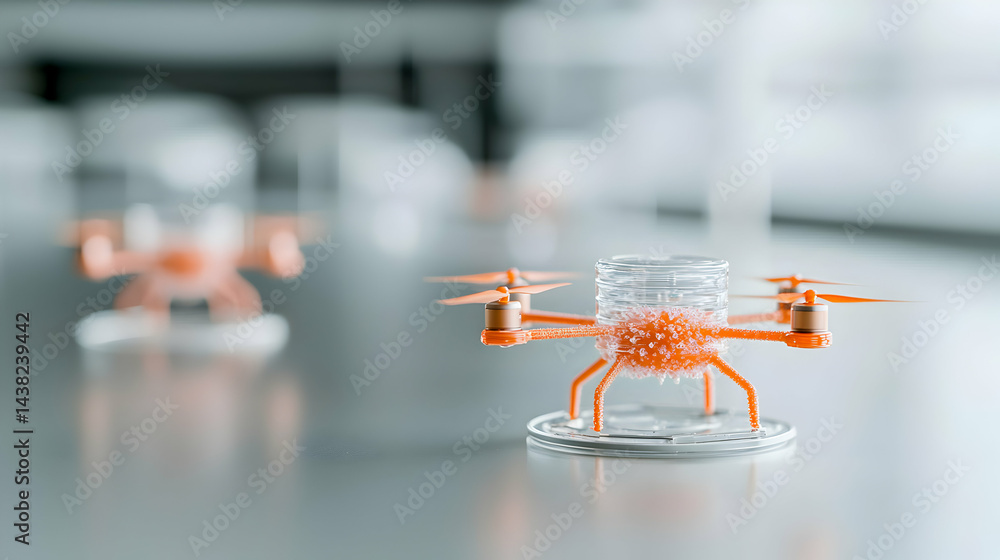 Poster a macro shot of a miniature drone structure. it looks like a creative prototype with orange componen