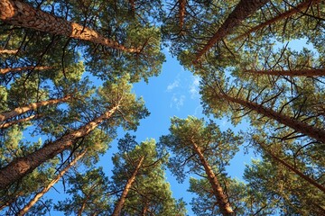 Obraz premium Majestic Pine Forest Canopies Reaching for a Sunny Sky