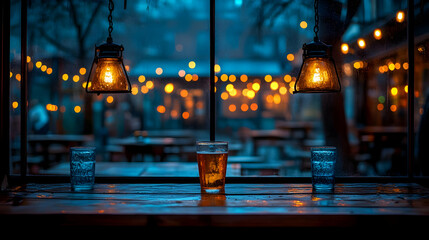 Obraz premium Rainy Night City View from Cafe Window with Warm Lighting