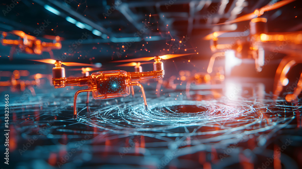 Poster futuristic drone technology depicted with glowing wires circuits. suggests data flow and interconnec