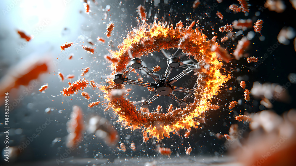 Poster abstract image depicts a biological concept with fiery details and a central metallic structure. sui