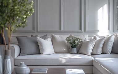 Elegant living room with a sectional sofa and white walls