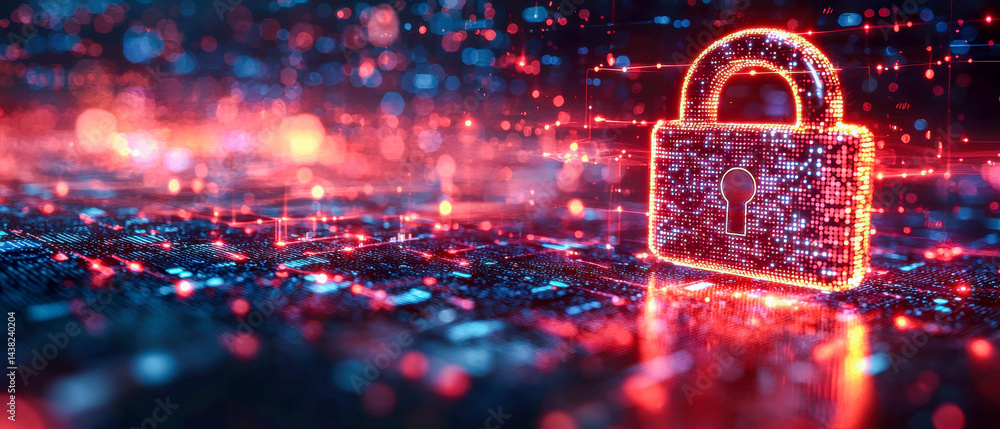 Poster Vibrant digital lock symbolizing internet network security, surrounded by glowing data streams and binary code, evokes sense of protection and safety in online world