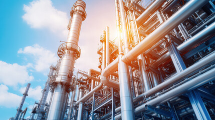 A modern industrial complex featuring large metallic pipes and structures under a bright sky.