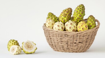 Obraz premium A wicker basket filled with green and yellow fruits, with two halved fruits in front