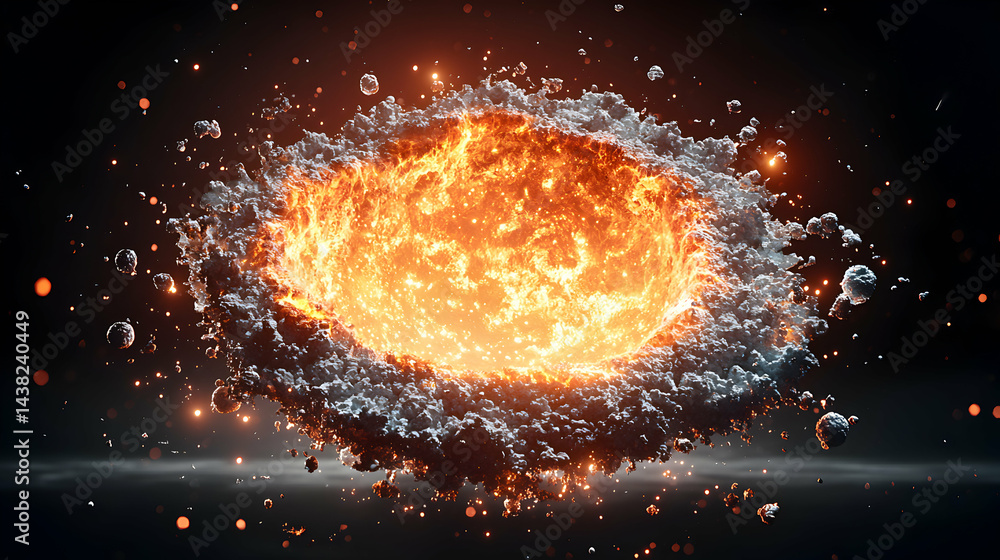 Poster a cosmic explosion unfolds. fiery core surrounded by debris. suggest use as a visual element for sci