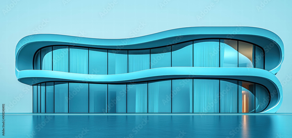 Aufkleber Low angle view of futuristic building with smooth curves and large glass windows, showcasing modern architecture and innovative design. vibrant blue color adds striking
