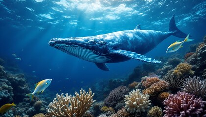 Fototapeta premium Majestic Whale in Vibrant Coral Reef Ecosystem