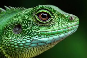 Obraz premium Vibrant green lizard head with round eye and circular skin pattern on a soft leafy background captured in ambient daylight in sharp tropical reptile portrait photography