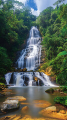 Lush green forest framing a stunning tiered waterfall cascading into a tranquil pond Long exposure gives milky water