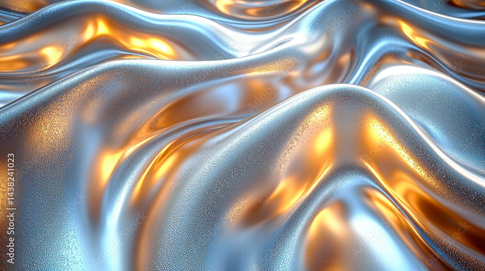 Poster Closeup of smooth, flowing fabric with shimmering blue and gold tones, creating dynamic and elegant appearance. texture reflects light beautifully, evoking sense of luxury and depth