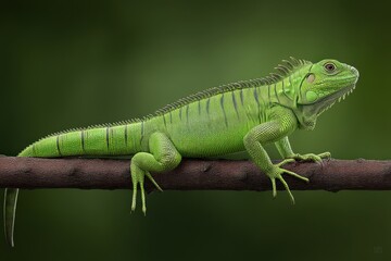 Small green iguana with thin tail walking across narrow branch in jungle setting surrounded by leafy foliage captured in full body reptile photo under bright light