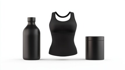 Black Activewear Mockups Featuring Sports Bra, Water Bottle, and Container on White Background