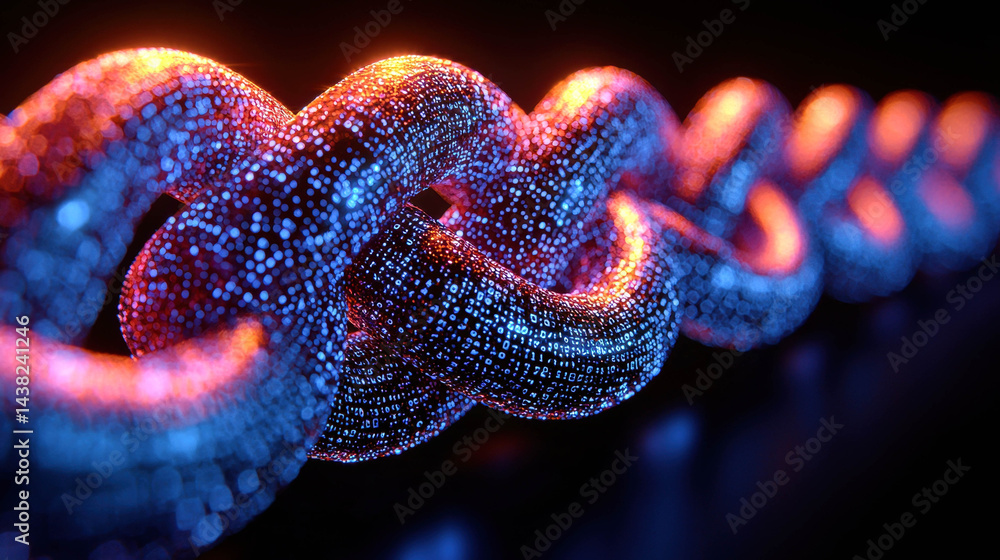 Aufkleber Vibrant and detailed image of digital chain, showcasing blend of blue and orange colors with focus on binary code elements. This representation symbolizes connectivity and technology