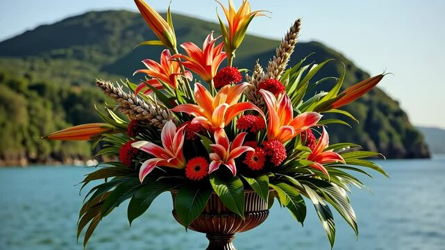 Vibrant floral arrangement showcasing lilies and tropical flowers by water  