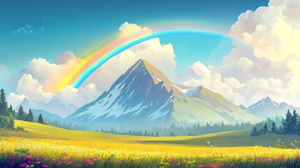 Obraz premium A vibrant landscape painting featuring a mountain range and a rainbow in a bright sky above a field