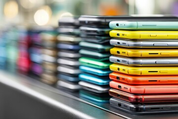 Showroom Display of Stacked Smartphones Showcasing Vibrant Colors and Modern Designs at a Technology Retail Location