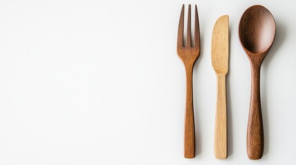 Elegant Wooden Cutlery Set Rustic Kitchenware Flatlay Minimalist Design Brown Wooden Spoon Fork Knife Utensils Food Photography Background Simple     