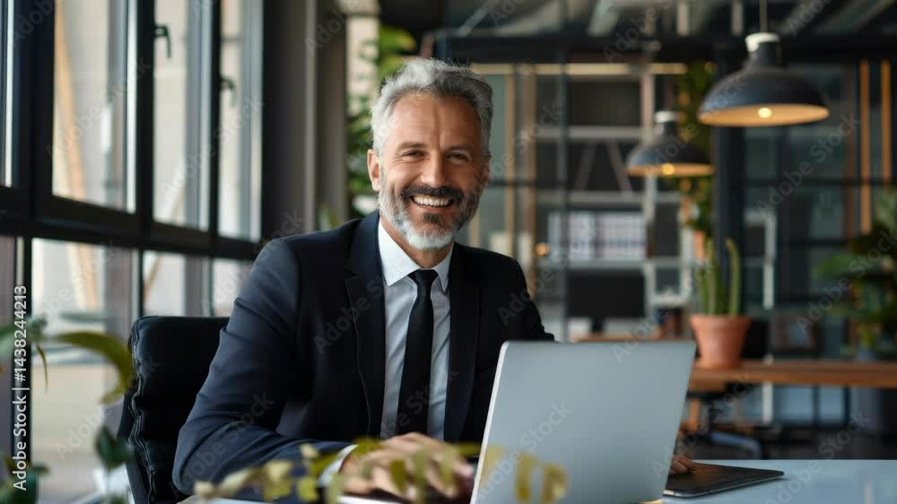Aufkleber a man in a suit is sitting at a desk with a laptop in front of him. he is smiling and he is happy
