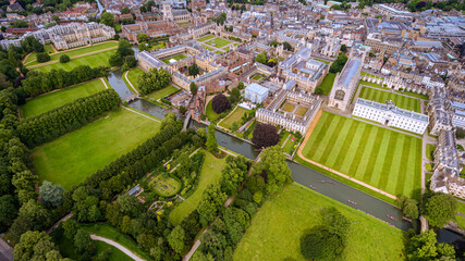 Historic Academia from Above. Breathtaking aerial view of Cambridge University's iconic colleges,...