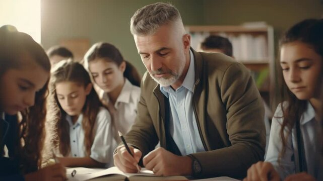 A man is writing in a book while a group of children look on. The man is smiling and he is enjoying himself. The children are watching him intently