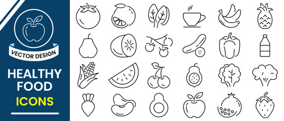 Healthy food, Nutrition line icon, Fruits and vegetables line icons collection. Vector illustration of vegetables, fruit, carbohydrates,  diet, fat, protein, potato, pepper, cucumber and more.