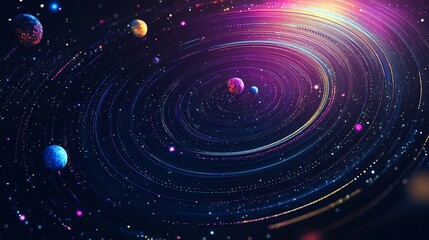 Colorful cosmos scene with planets and swirling patterns