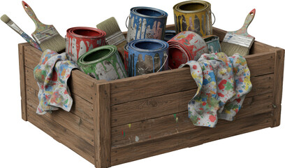Rustic Wooden Crate Filled with Used Paint Cans and Brushes Colorful Paint Splatter