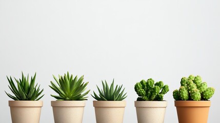 Fototapeta premium Five Succulents in Pots Minimalist Home Decor Green Plants Natural Botany Beautiful Indoor Plants Stylish Greenery Potted Plants Simple Home Decor 