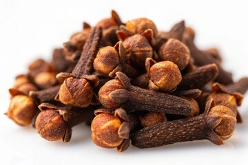 A close up studio shot of a pile of dried brown cloves on a white background for culinary use