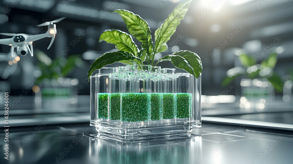 Poster conceptual image featuring a plant in a clear battery-like structure with a drone. suggesting sustai