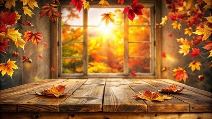 Autumnal Leaves Falling on a Wooden Table Beside a Window with a View of Fall Foliage