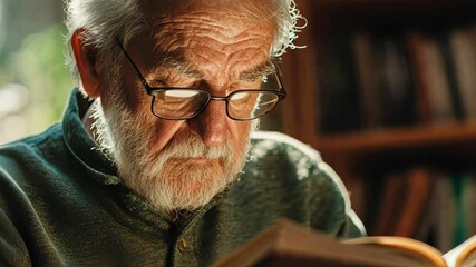 Elderly man immersed in book reading by sunlit bookshelf - Powered by Adobe